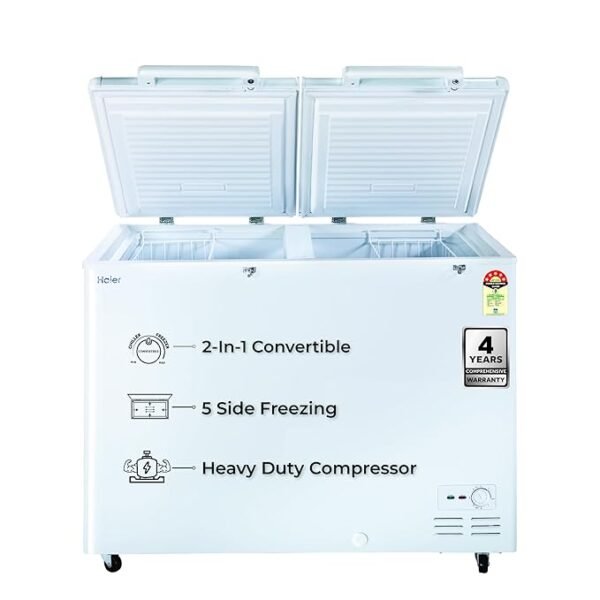 Haier HFC-320DM5, 5 Star Rating Double Door Convertible Deep Freezer, 5 Side Uniform Freezing, Heavy Duty Compressor, inside metal liner with 3 Layer Door Design (White)