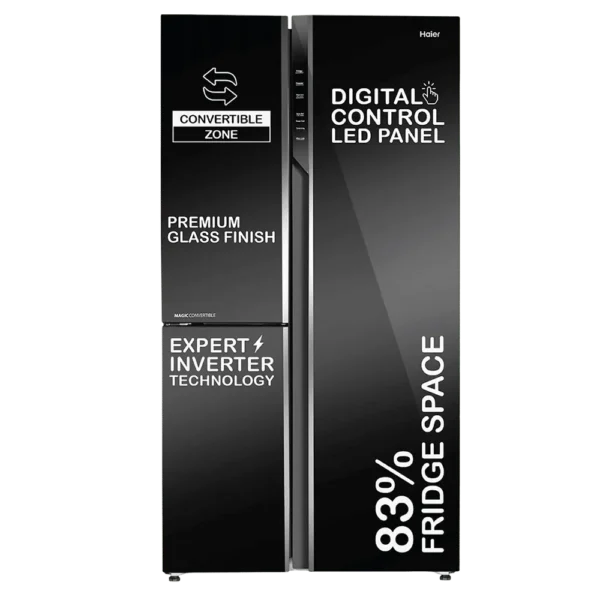 Haier 598 L 3 Star Side by Side Refrigerator with WIFI Enabled Smart Sense AI, Black Glass, HRT-683KGU1