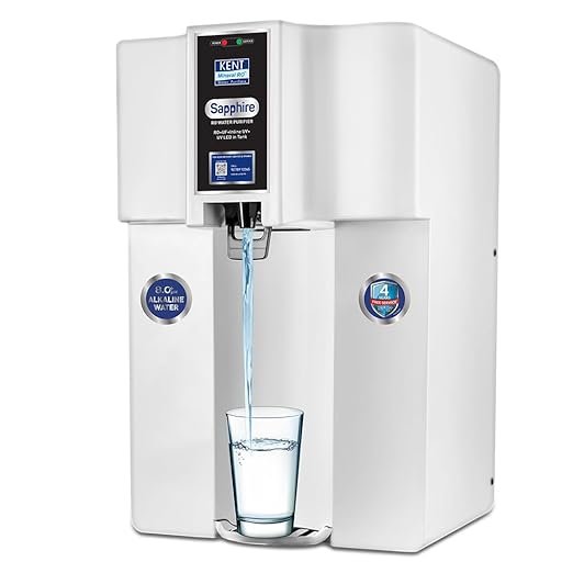 KENT Sapphire RO Water Purifier RO+UF+Inline UV+Alkaline+TDS Control+UV LED in Tank, Fully Automatic On & OFF Operation, 20 LPH, 8L