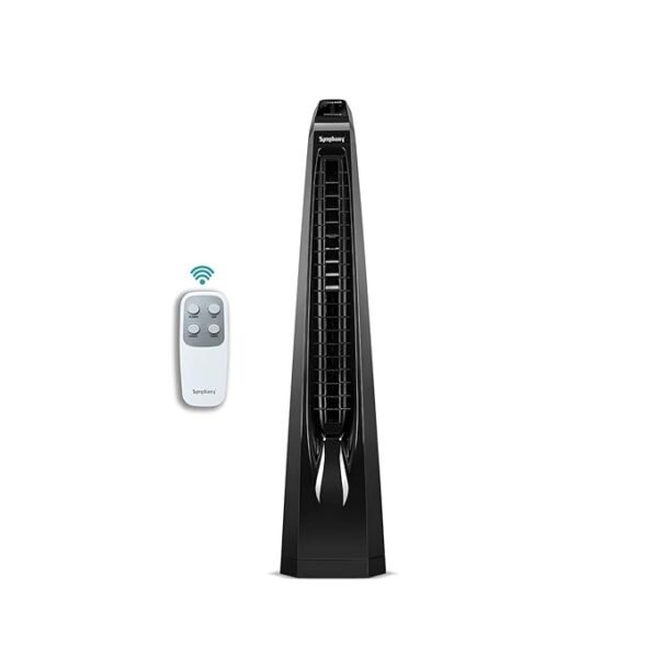Symphony Surround B BLDC Bladeless Tower Fan For Room, Quiet & Energy-Saving with Remote Control, Touchscreen Control Panel, Low Power Consumption, Black