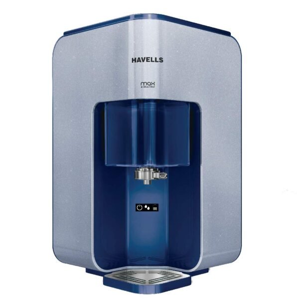 Havells Max Alkaline Water Purifier, First corner mounting design (Patented), Cu+Zn+Alkaline+natural minerals, 7 stage Purification, RO+UV Purification tech., 7 L Transparent tank (White & Blue)